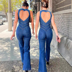Women's Denim Jumpsuit with Heart-Shaped Back Cutout and Figure-Hugging Fit