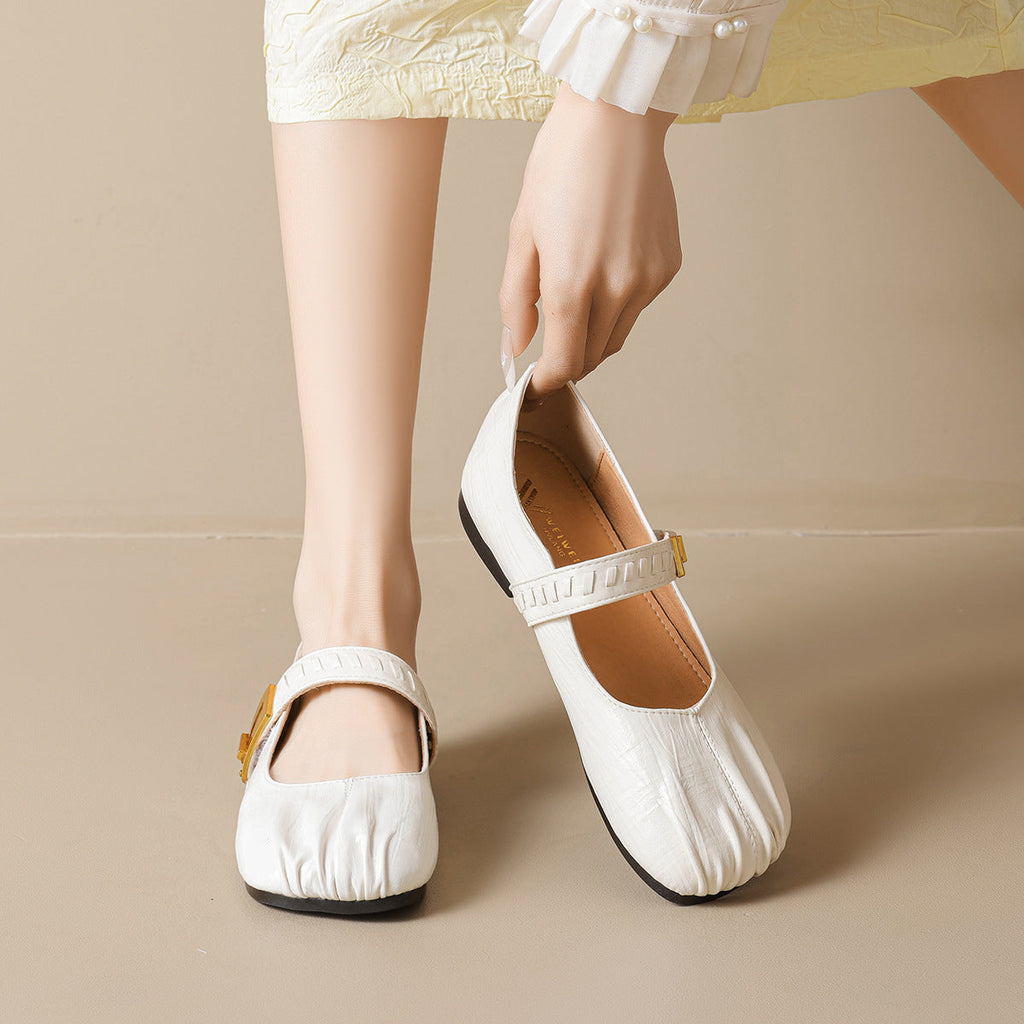 Women's Ballet Flats with Decorative Strap and Leather Surface