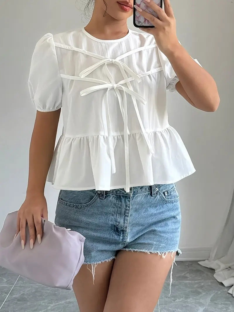 Women's Blouse with Puff Sleeves and Ruffle Design