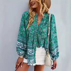 Women's Floral Blouse Top with Volant Sleeves