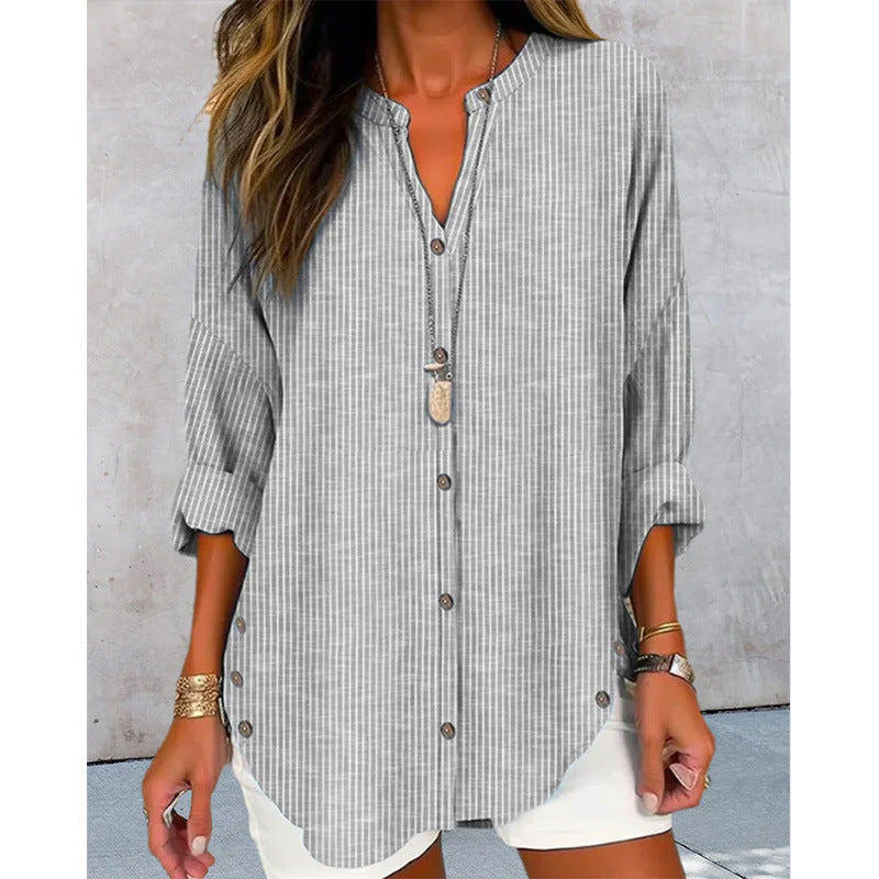 Women's Long-Sleeve Button-Front Blouse with Asymmetrical Hem
