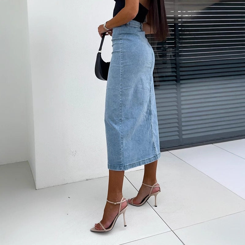 Denim Midi Skirt with Side Slit and Button Details