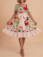 Women's A-Line Dress with Floral Motifs and Adjustable Belt
