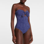 Women's Bandeau Swimsuit with Bows and Striped Maxi Skirt