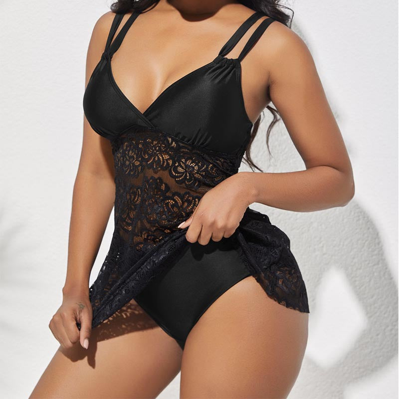 Women's Swimsuit with Elegant Lace Detail and Adjustable Straps