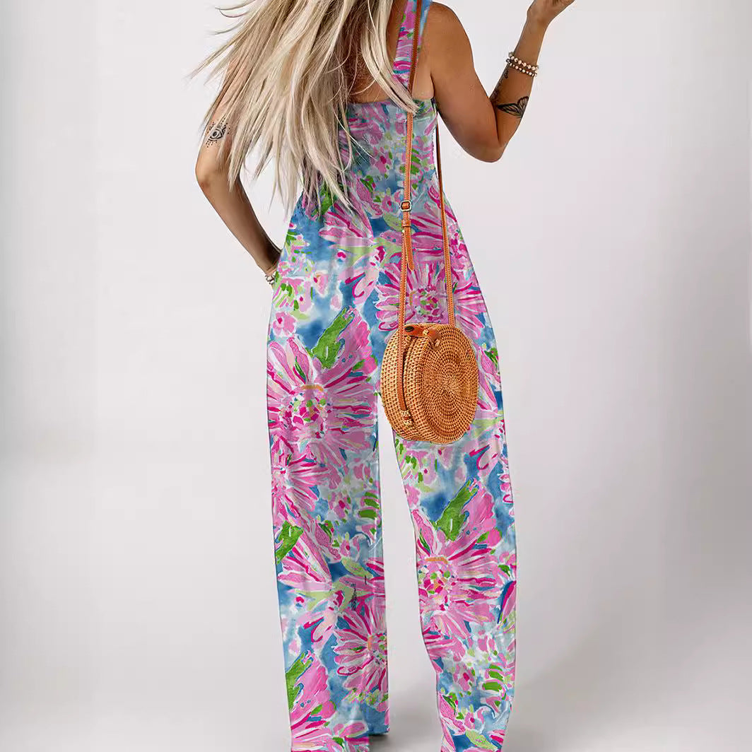 Women's Airy Floral Print Maxi Jumpsuit with Pockets