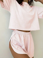 Women's Casual Striped Set with Wide T-Shirt and Shorts