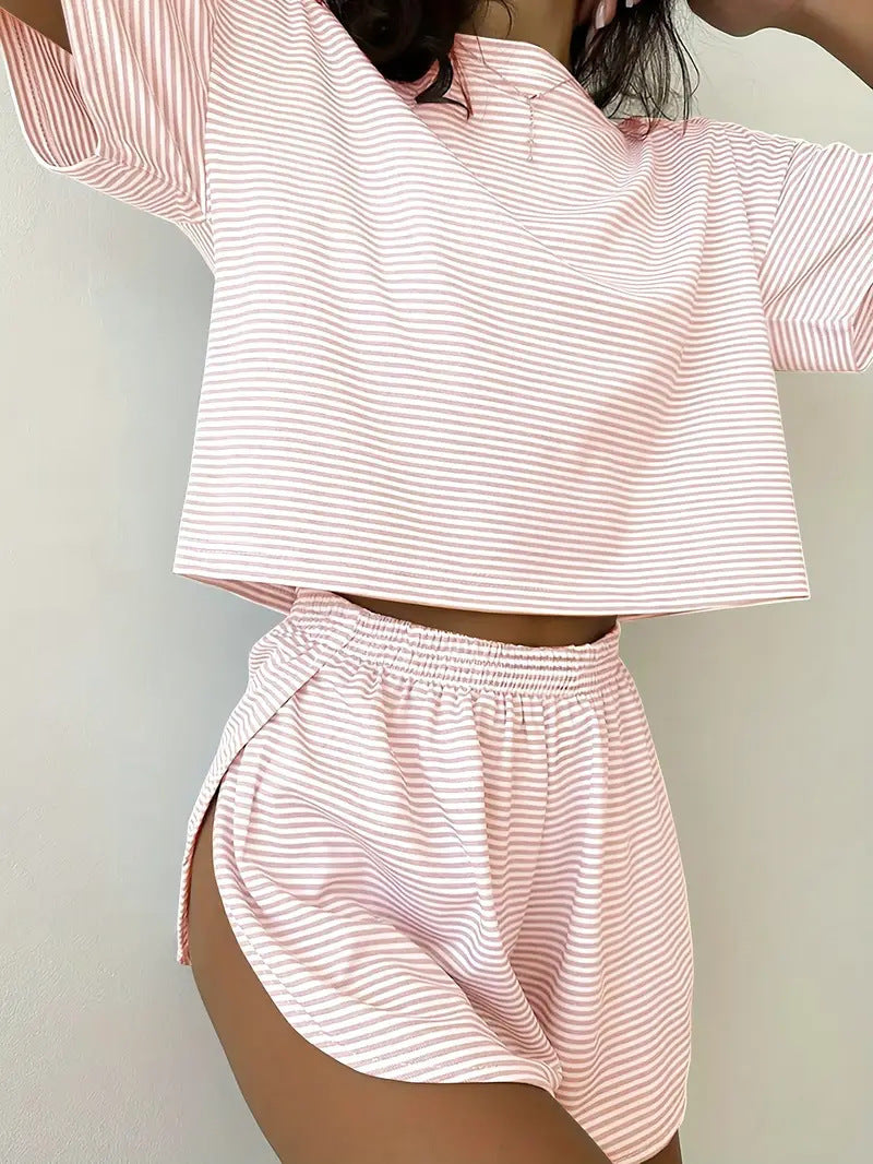 Women's Casual Striped Set with Wide T-Shirt and Shorts