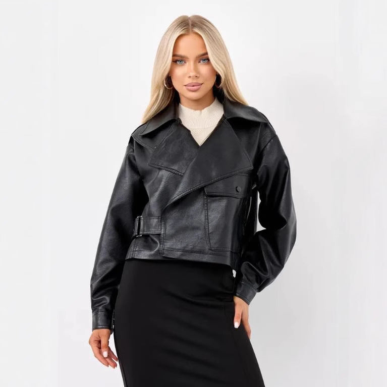 Women's Cropped Faux Leather Biker Jacket