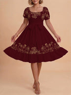 Women's A-Line Dress with Floral Motifs and Adjustable Belt