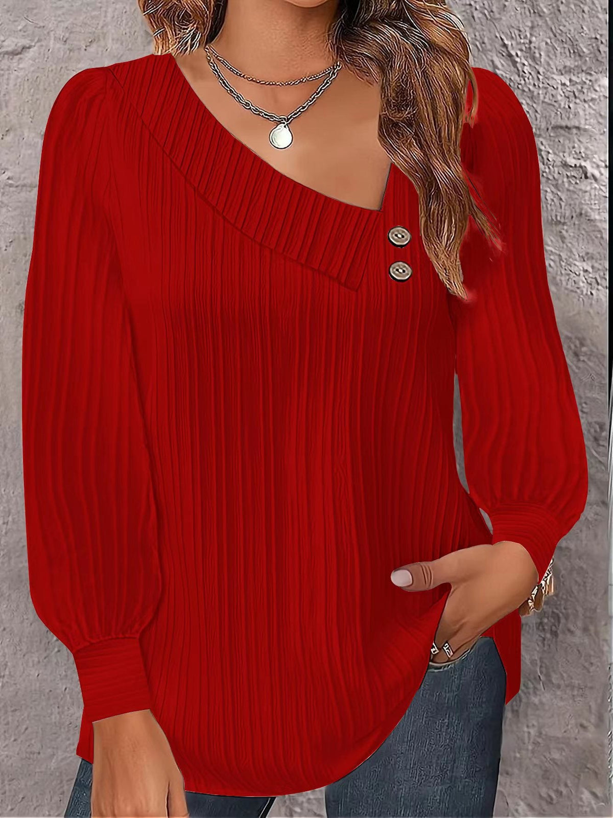 Women's Casual Blouse with Asymmetric Collar and Decorative Buttons