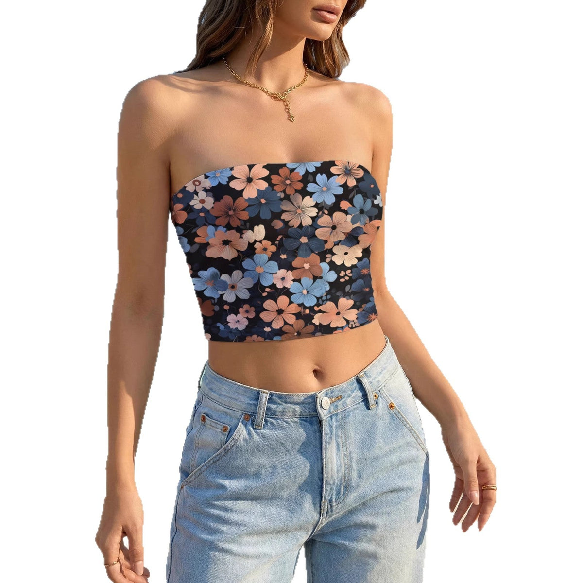 Women's Bandeau Top with Playful Dinosaur Motif and Elastic Cut