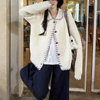 Women's Comfortable Knit Cardigan with Contrast Button Details and Large Collar