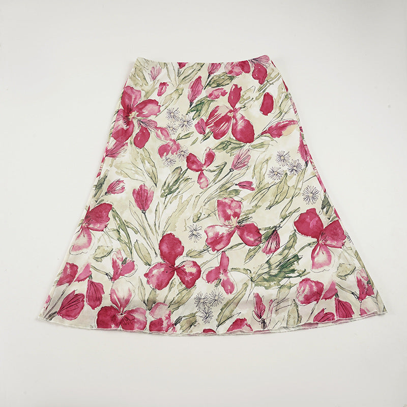 High-Waisted Flared Midi Skirt with Floral Watercolor Print