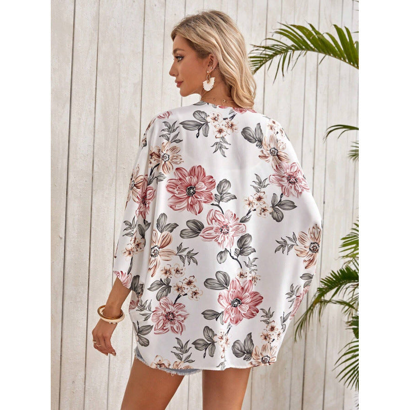 Women's Fashionable Kimono with Floral Design and Wide Sleeves