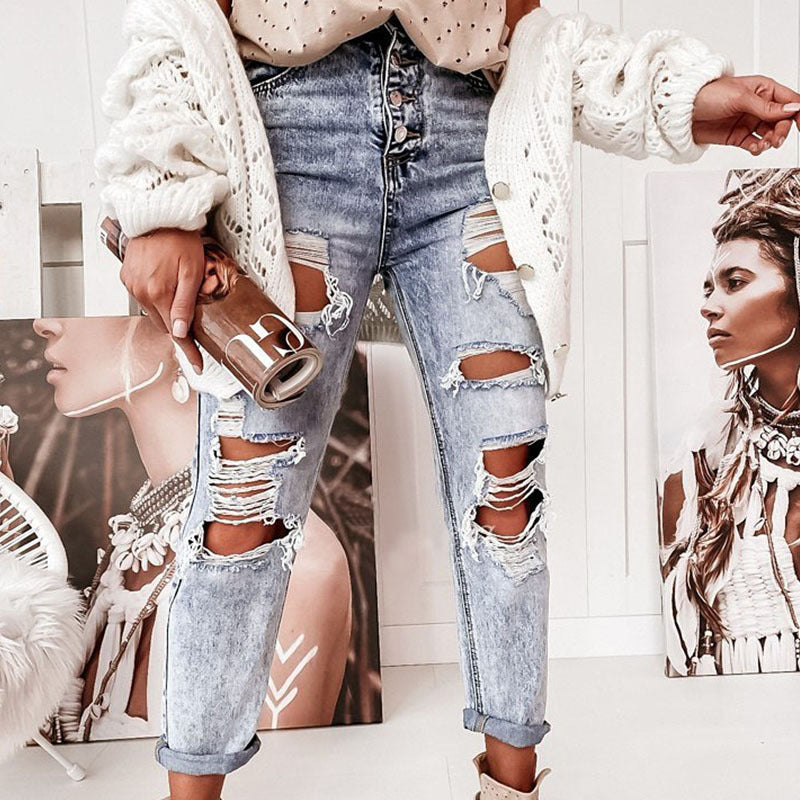 Women's Destroyed Boyfriend Jeans in Casual Vintage Style with High Waist