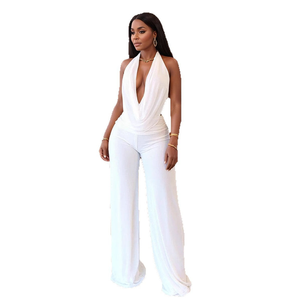 Elegant Jumpsuit with Deep Neckline and Flowing Fabric