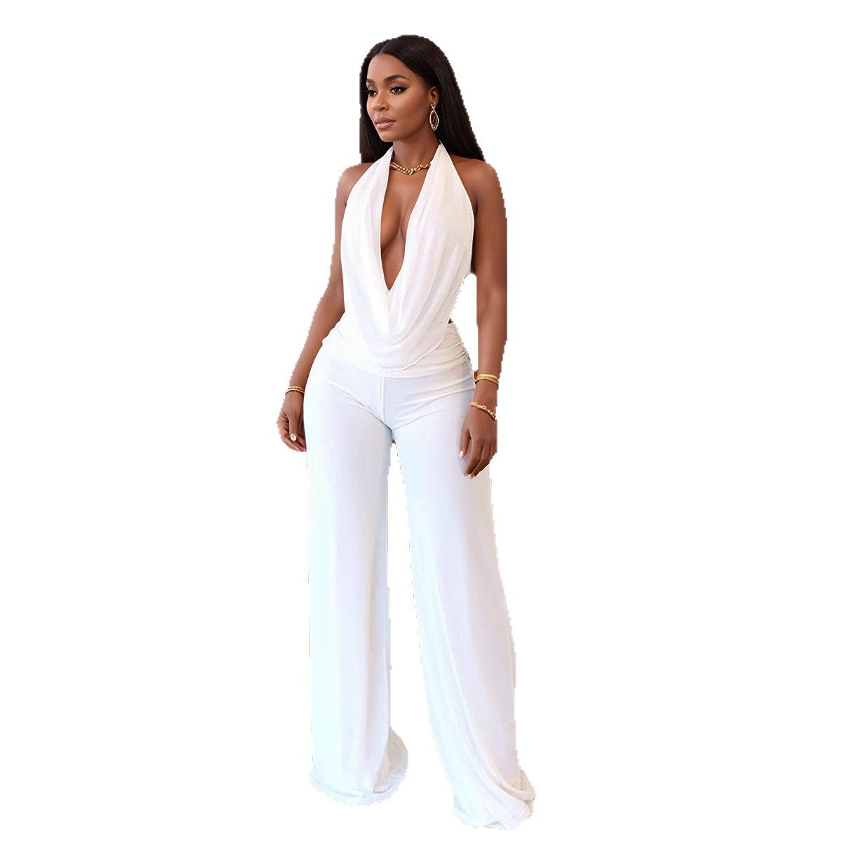 Elegant Jumpsuit with Deep Neckline and Flowing Fabric