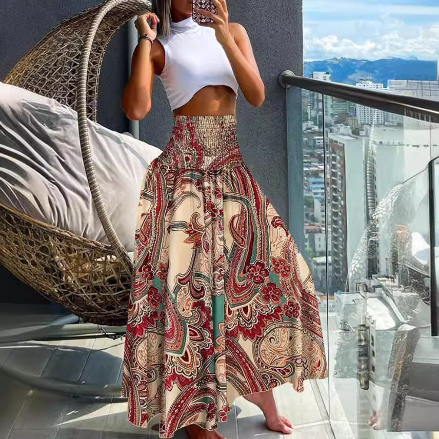 Women's Macro Skirt with Elastic Waist and Colorful Ethnic Pattern