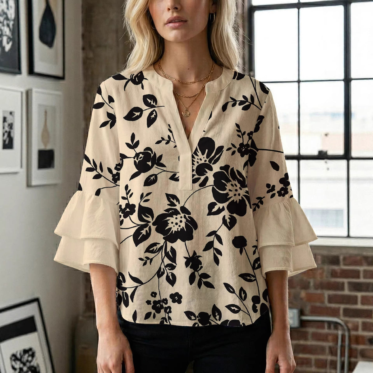 Casual Blouse with Ruffle Sleeves and Botanical Print