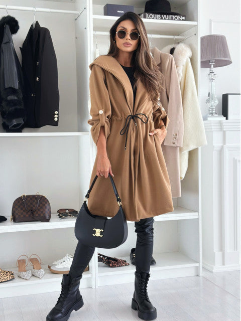 Loose Hooded Sweatcoat with Adjustable Waist and Elegant Details
