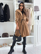 Loose Hooded Sweatcoat with Adjustable Waist and Elegant Details