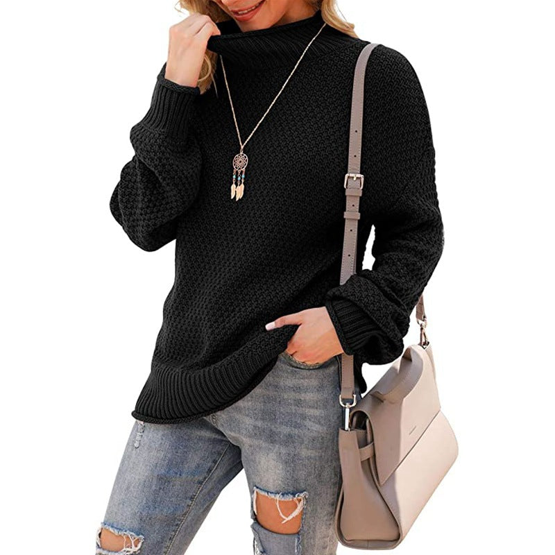 Women's Chunky Knit Sweater with High Collar and Textured Surface