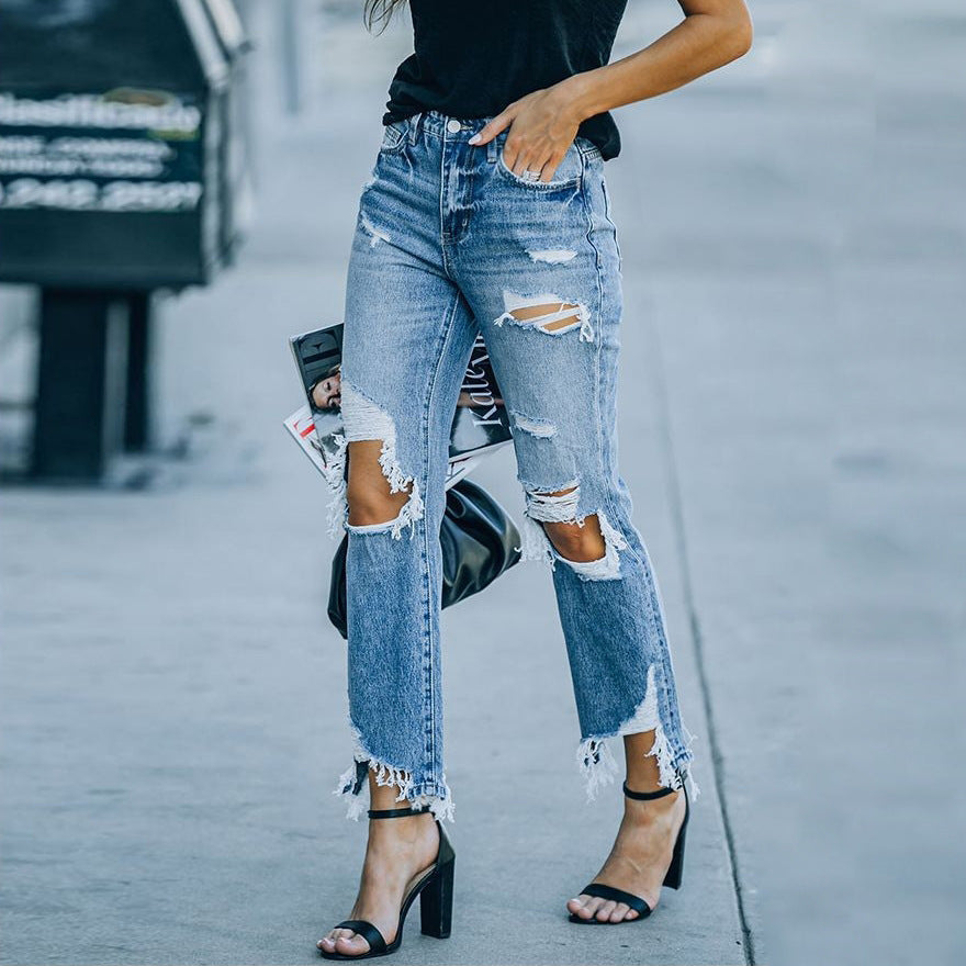 Women's High-Waisted Jeans with Frayed Details and Rips