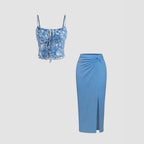 Women's Fashionable Crop Top and Figure-Hugging Midi Skirt Set