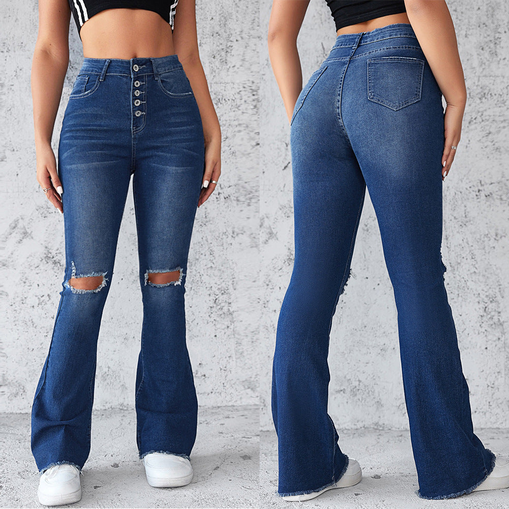 Women's High-Waisted Flared Jeans with Ripped Details
