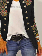 Elegant Floral Embroidered Blazer Jacket with Contrast Buttons