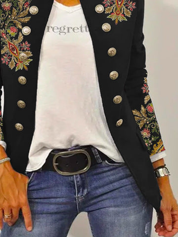Elegant Floral Embroidered Blazer Jacket with Contrast Buttons