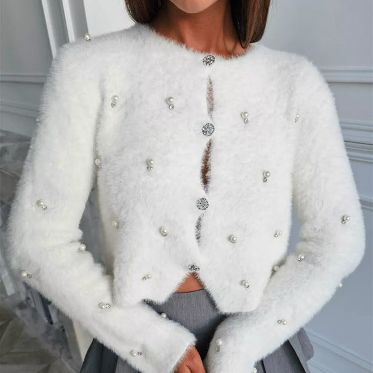 Women's Fluffy Knit Cardigan with Jeweled Buttons and Elegant Cut