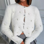 Women's Fluffy Knit Cardigan with Jeweled Buttons and Elegant Cut