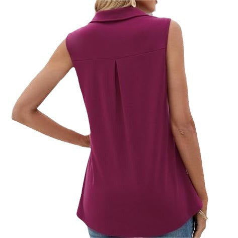 Sleeveless Blouse Top with Collar and V-Neck