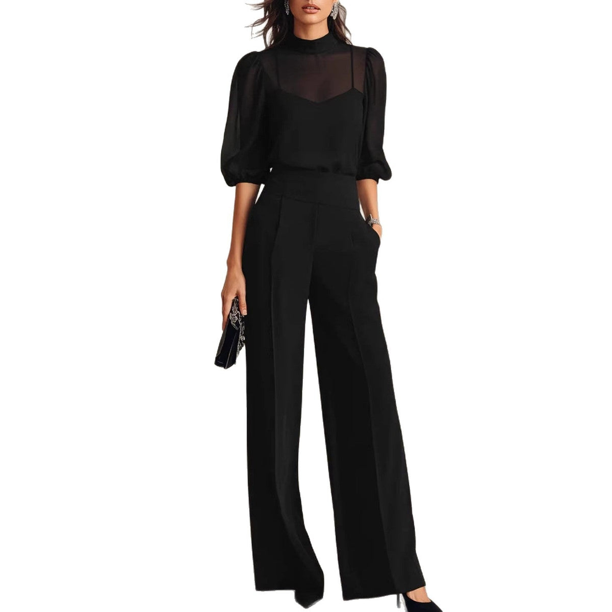 Women's Elegant Blouse Set with Wide-Leg Trousers and Sheer Sleeves