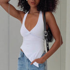 Women's Asymmetrical Top with Deep V-Neck and Elegant Knot Detail