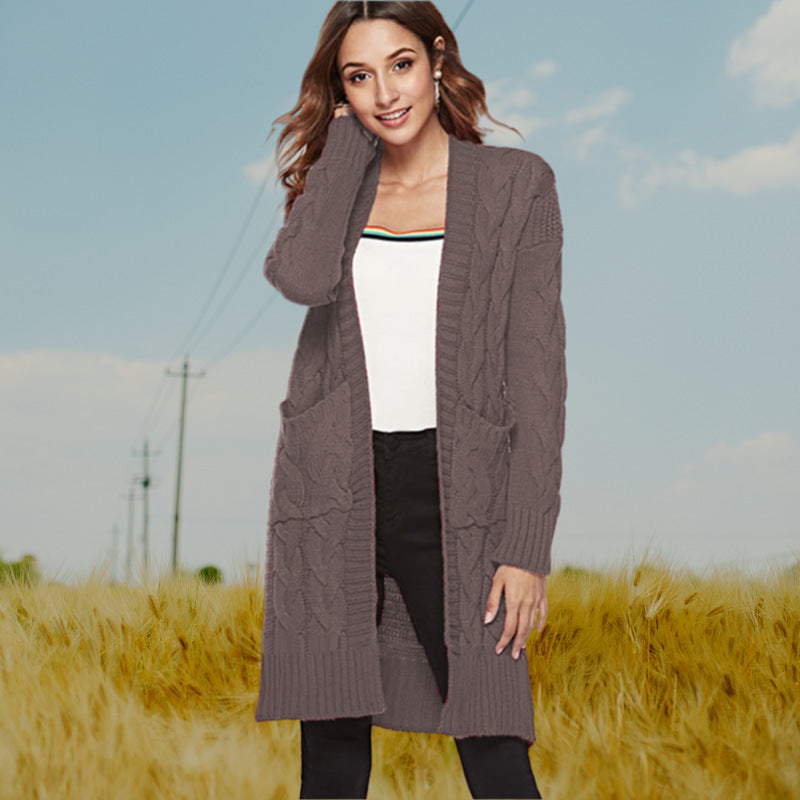 Women's Chunky Knit Cardigan with Deep Pockets and Decorative Cable Knit