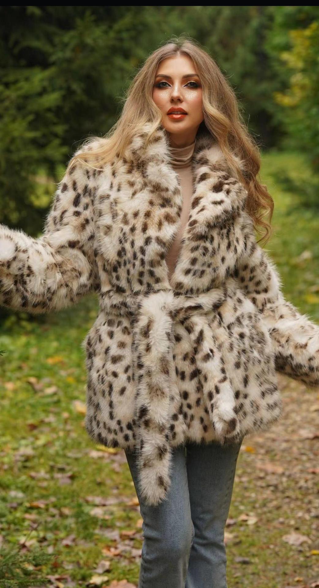 Women's Fashionable Faux Fur Coat with Animal Print and Belt Design