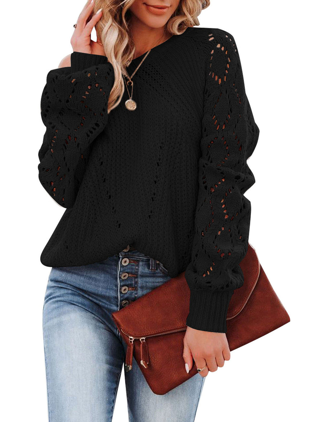 Women's Elegant Knit Sweater with Airy Crochet Texture and Wide Sleeves