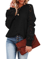 Women's Elegant Knit Sweater with Airy Crochet Texture and Wide Sleeves