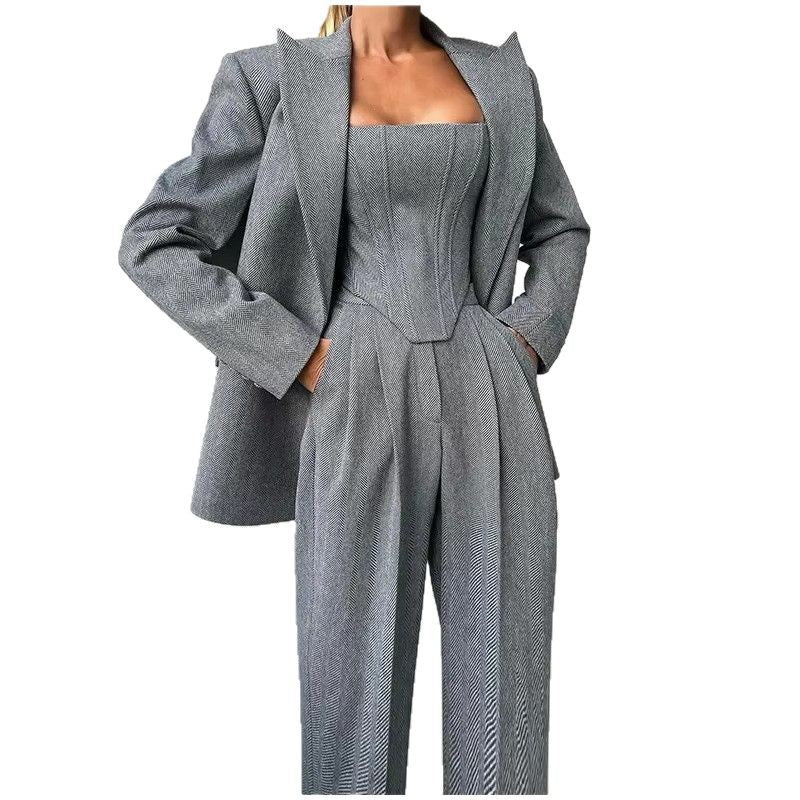 Blazer Suit with Fitted Top and Wide-Leg Trousers
