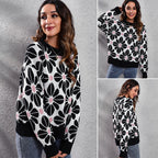 Women's Patterned Knit Sweater with Floral Design and High Collar