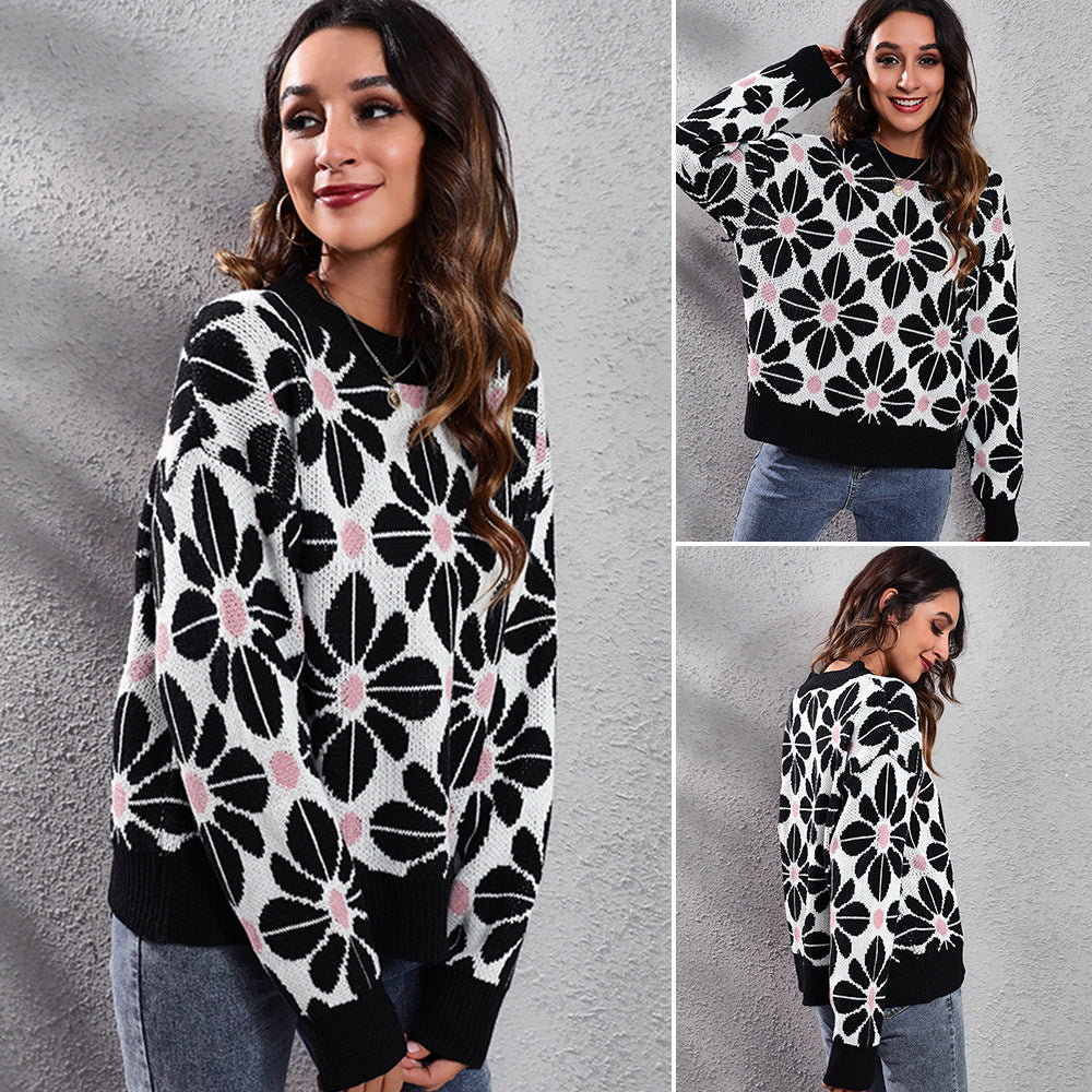 Women's Patterned Knit Sweater with Floral Design and High Collar