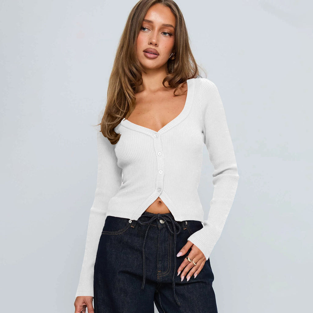 Women's Elegant Ribbed V-Neck Cardigan with Button Placket