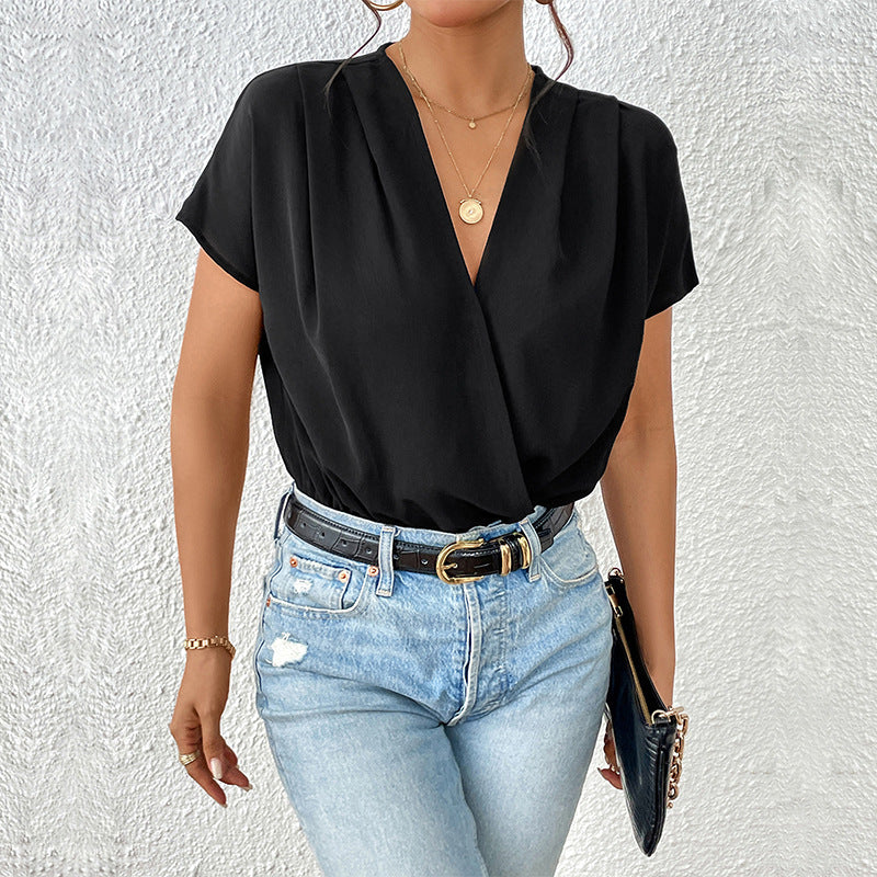 Women's Blouse Shirt with Elegant Wrap Look and Short Sleeves