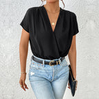 Women's Blouse Shirt with Elegant Wrap Look and Short Sleeves