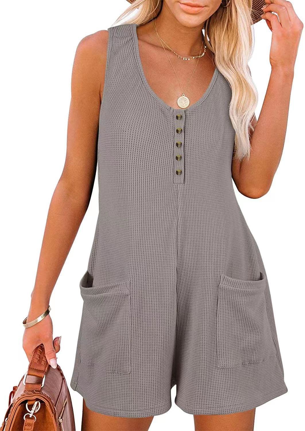 Casual Short Jumpsuit with Button Placket and Pockets