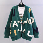 Women's Chunky Knit Cardigan with Colorful Accents and Large Pockets