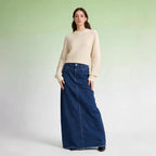 Women's High-Waisted Denim Maxi Skirt with Frayed Hem